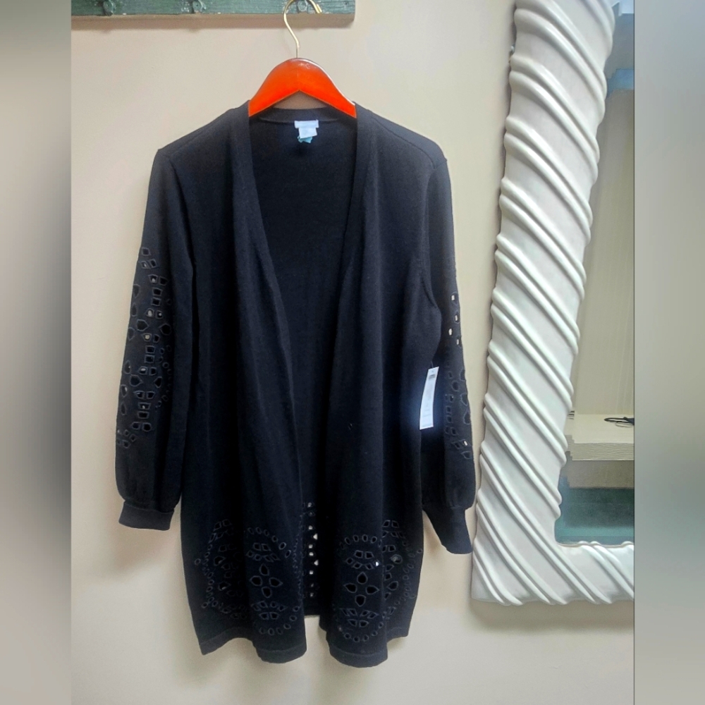 NWT Chico's Black Eyelet Long Sleeve Lightweight Open Cardigan Sweater SZ 2 US L